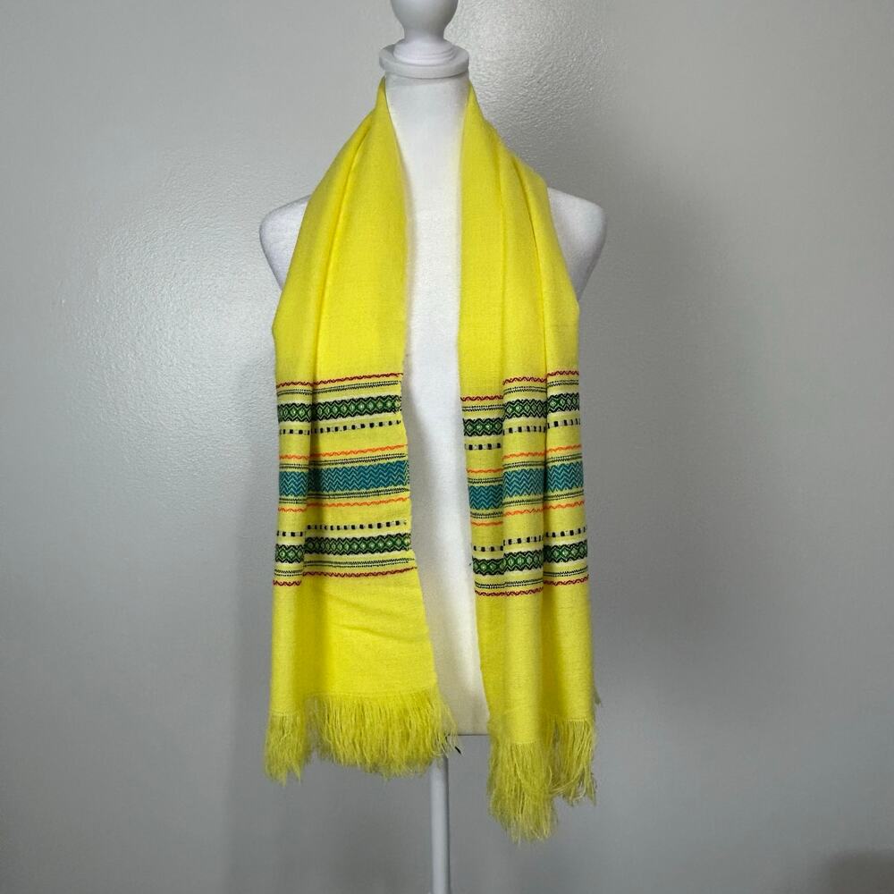 Vintage Long Scarf Embroidered 18"X 51" Yellow Green Fringe Lightweight Boho